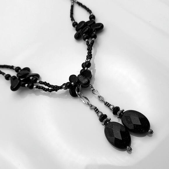 Genuine Onyx & Blue Goldstone Sterling Silver Boho Necklace - Picture 1 of 5